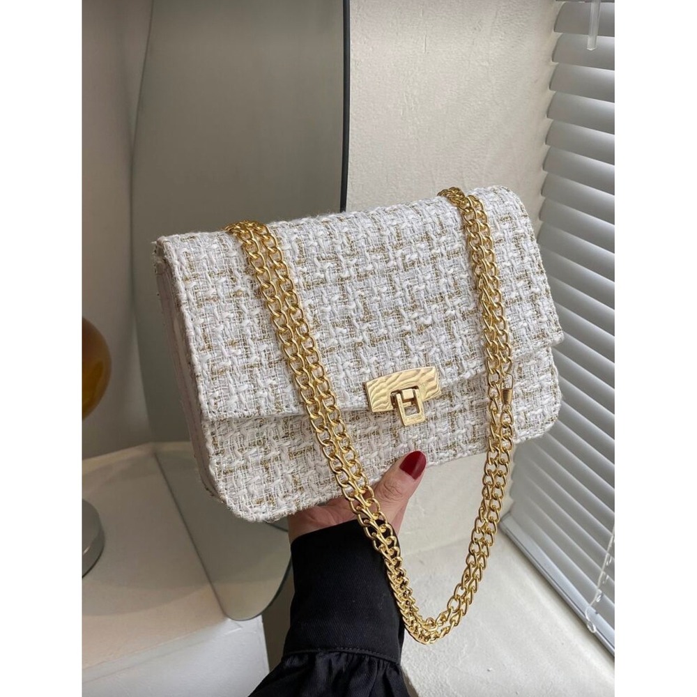 White Gold‎ Tweed Flap Shoulder Bag Gold Chain Strap Crossbody Evening Purse